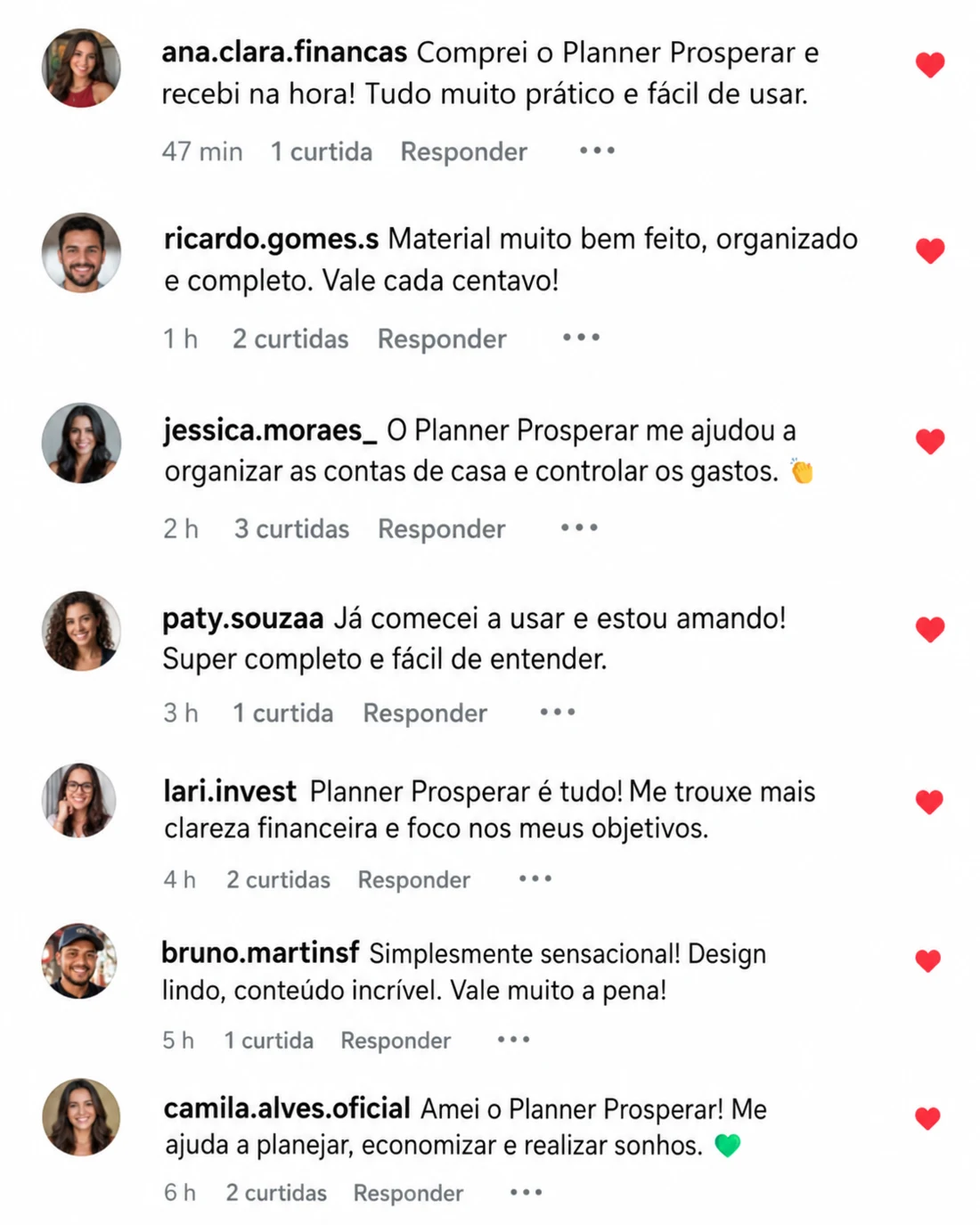 Comentários de clientes do Planner Prosperar: recebi na hora, material muito bem feito, me ajudou a organizar as contas de casa e controlar os gastos, e muito mais