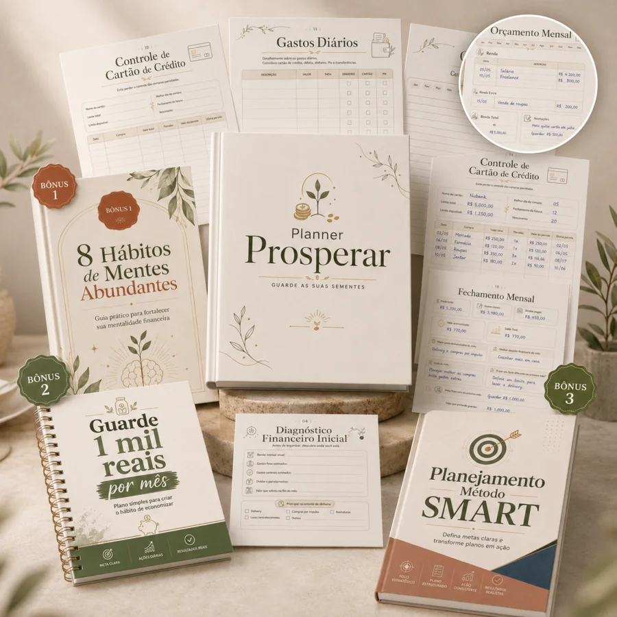 Planner Prosperar com os 3 bônus inclusos: 8 Hábitos de Mentes Abundantes, Guarde 1 mil reais por mês e Planejamento Método SMART