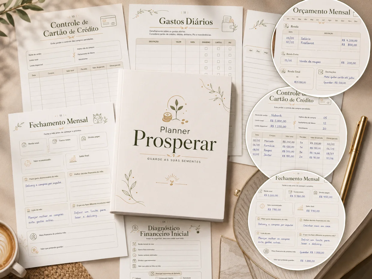 Planner Prosperar na mesa: a capa e as páginas de orçamento mensal, gastos diários, controle de cartão e fechamento do mês